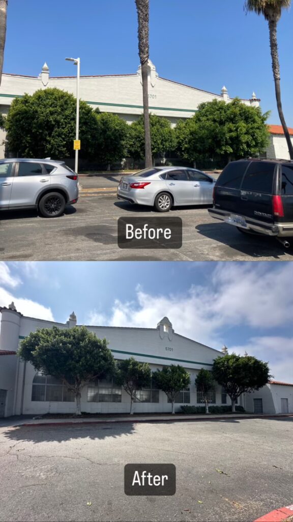 Comparison of a building's exterior before and after renovations